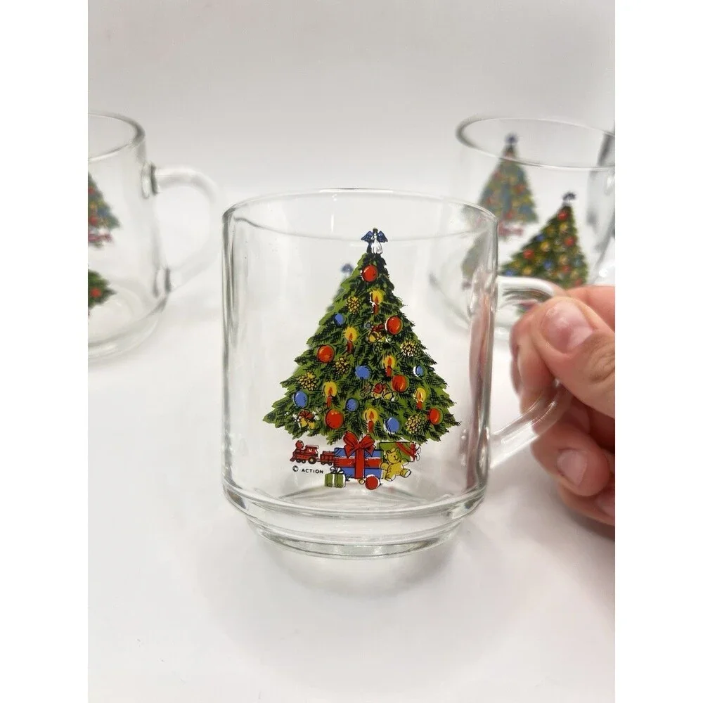 1989. 4 Mugs Carlton Glass Christmas Treasure Decorated Tree Design 3.5